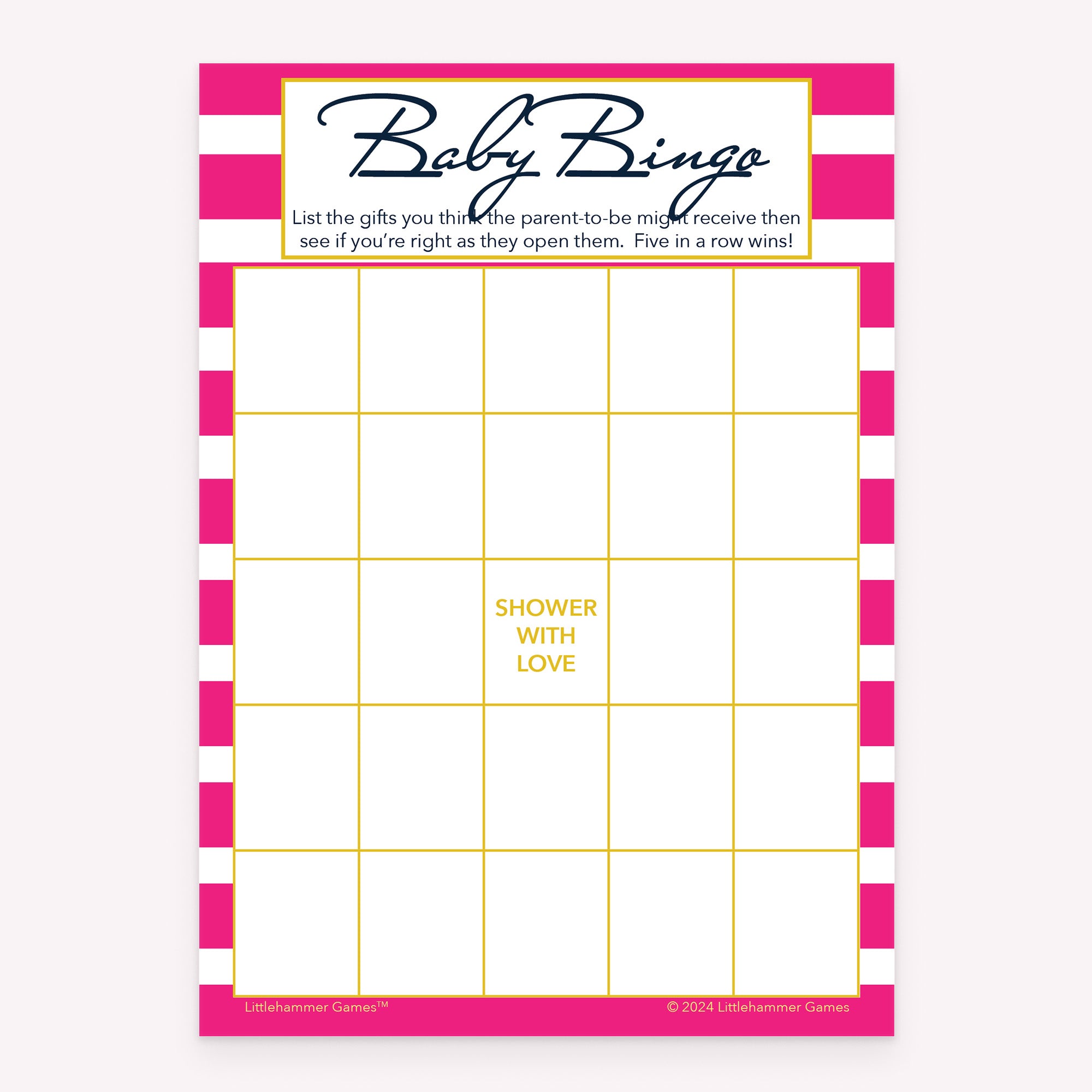 Printable baby shower Baby Gift Bingo card in pink stripe theme