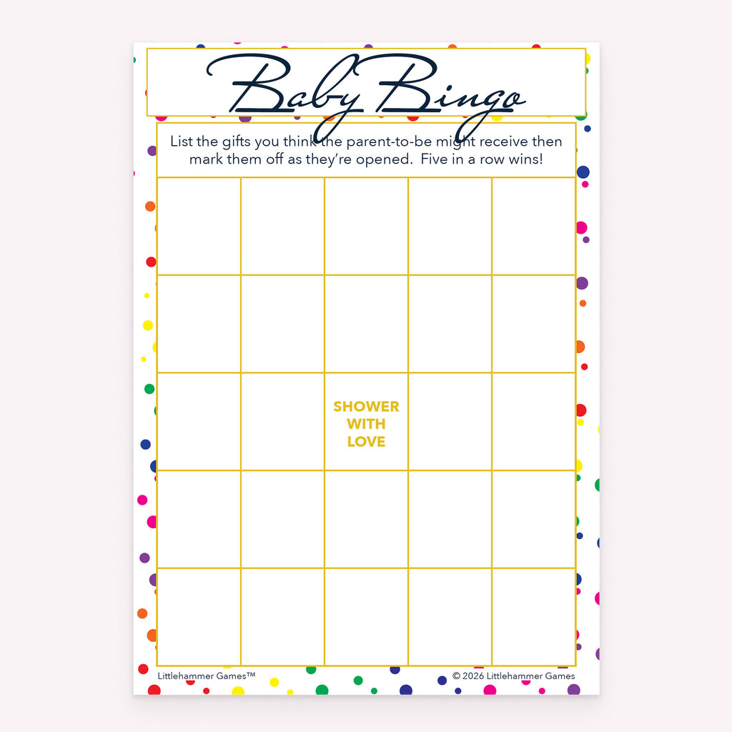 Baby shower printable Baby Gift Bingo card featuring rainbow polka dots