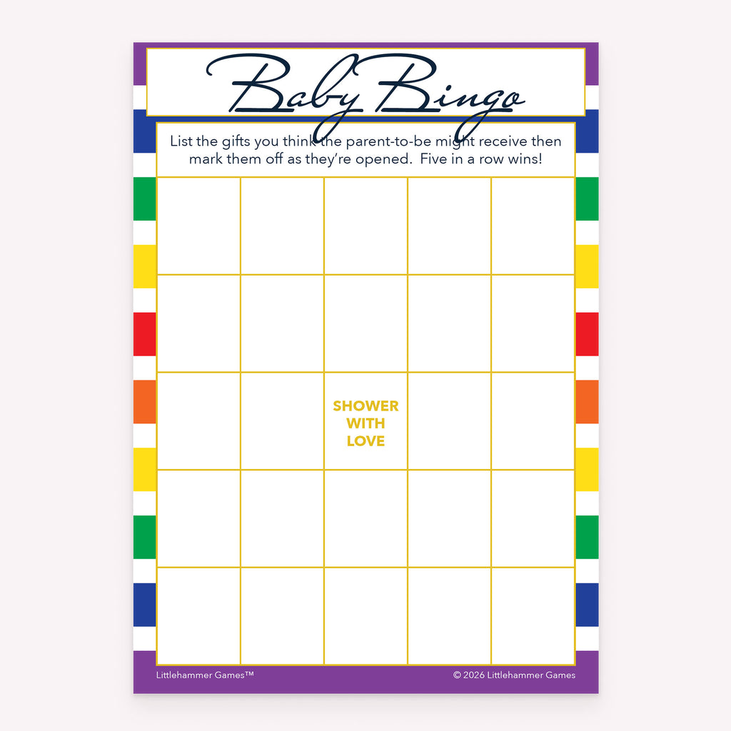 Baby Gift Bingo baby shower game card with rainbow-striped layout