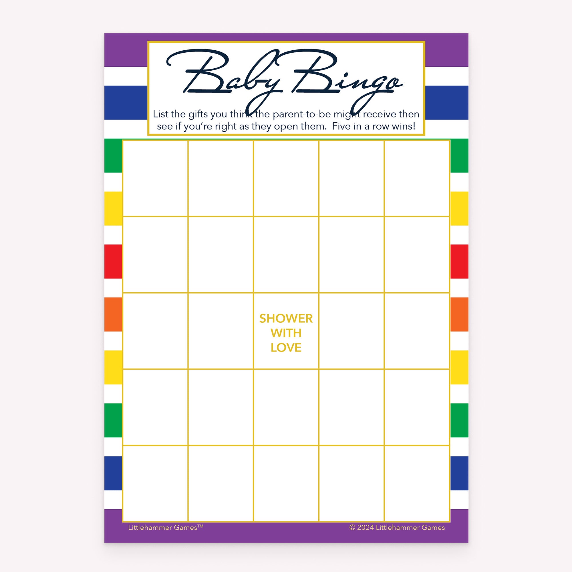 Baby Gift Bingo baby shower game card with rainbow-striped layout