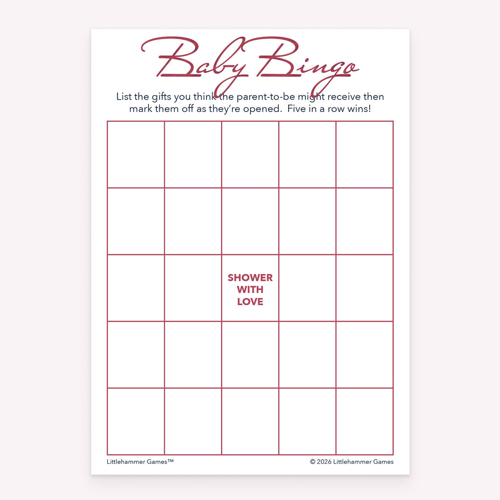 Baby Gift Bingo printable baby shower game card with rose gold and white background