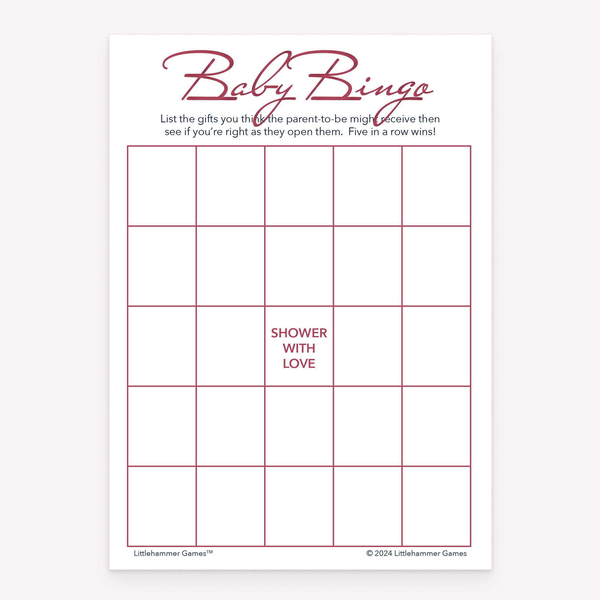 Baby Gift Bingo printable baby shower game card with rose gold and white background
