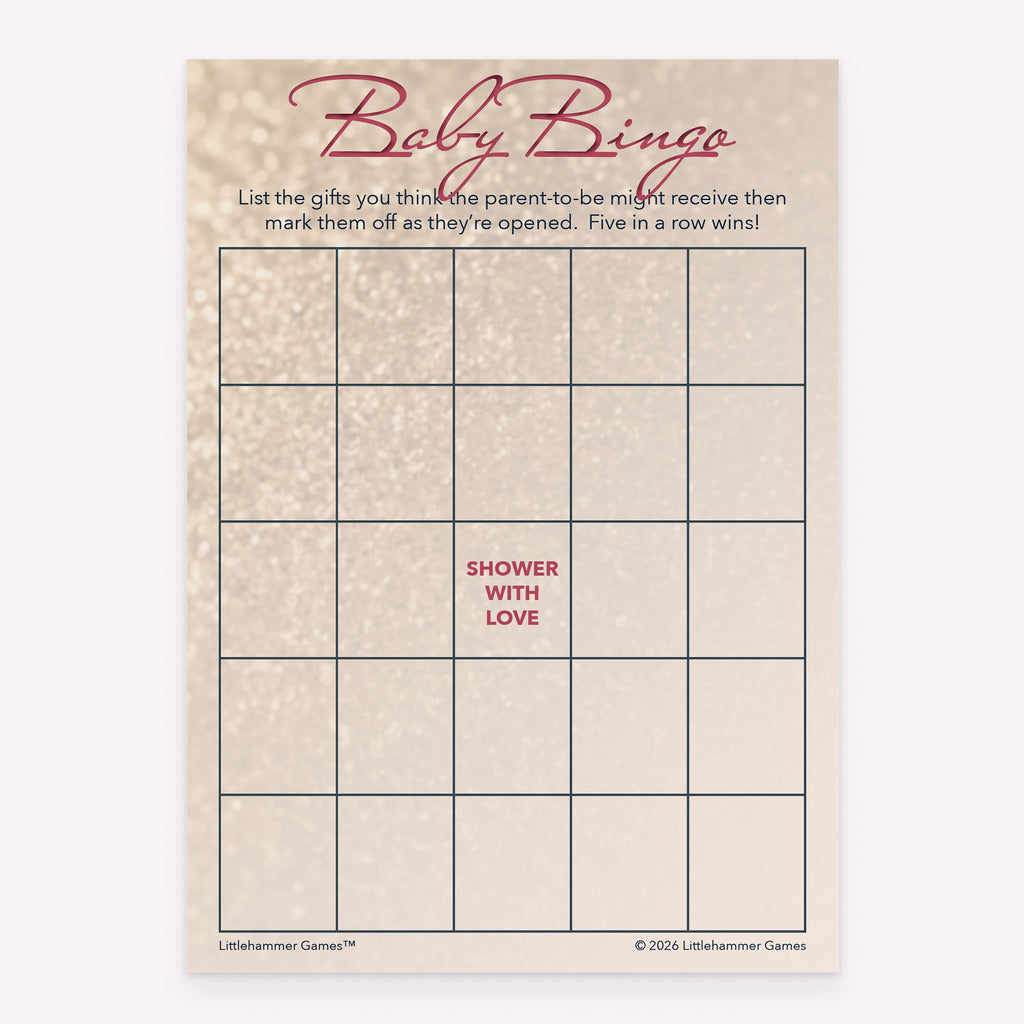 Baby shower Baby Gift Bingo game card printable in glittery rose gold design