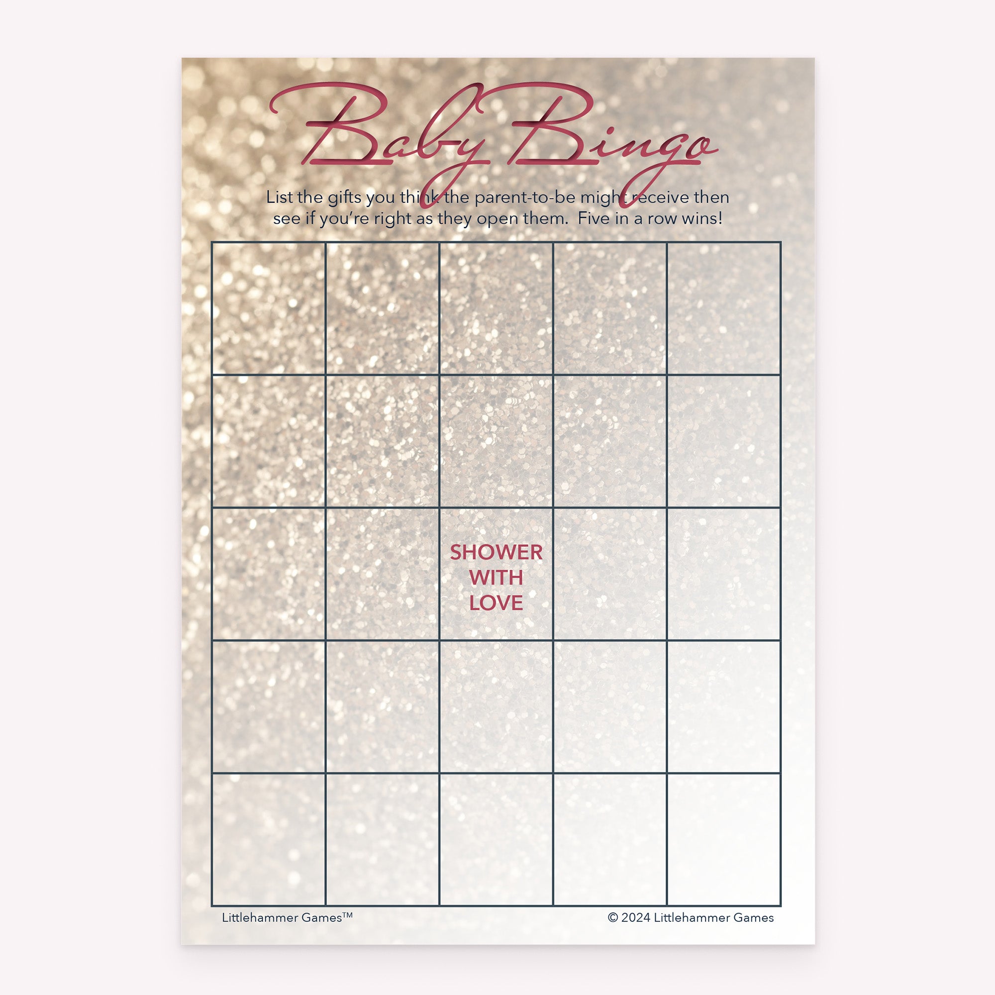Baby shower Baby Gift Bingo game card printable in glittery rose gold design
