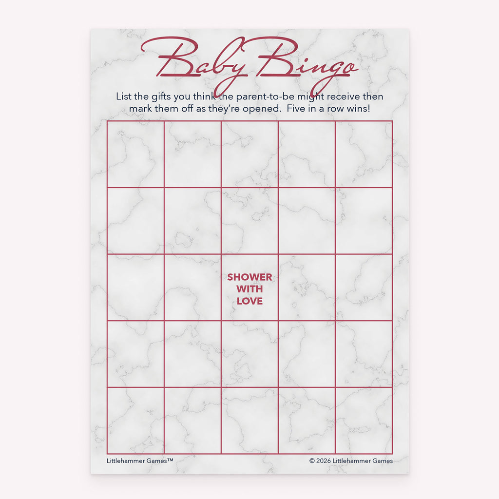 Rose gold and marble style printable baby shower Baby Gift Bingo card