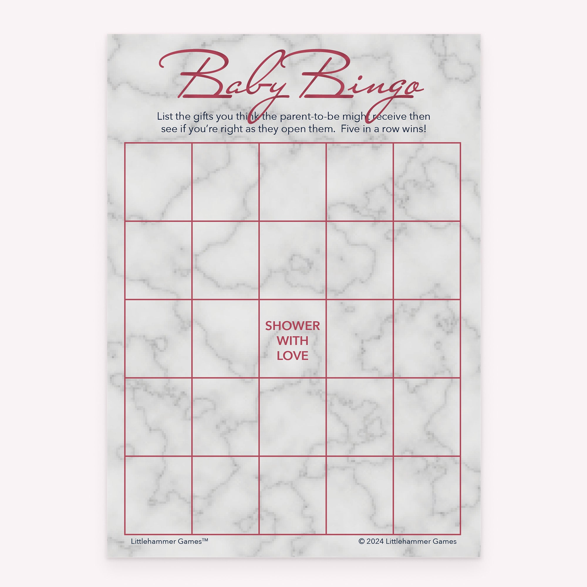 Rose gold and marble style printable baby shower Baby Gift Bingo card
