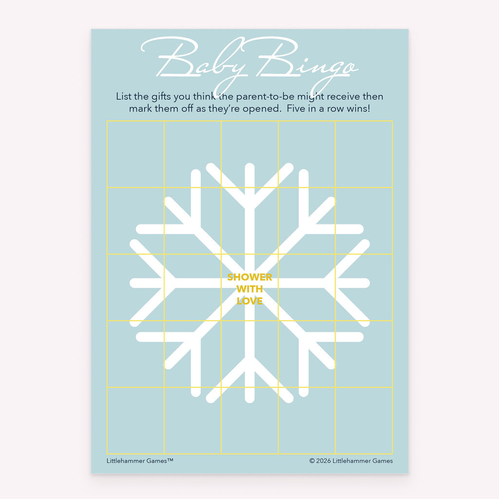 Printable Baby Gift Bingo baby shower game card in pale snowflake design