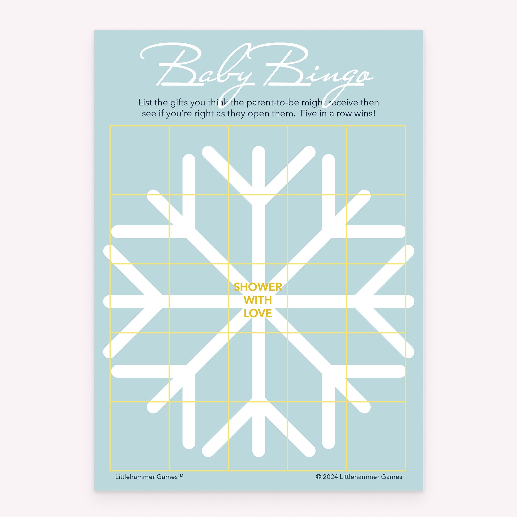 Printable Baby Gift Bingo baby shower game card in pale snowflake design