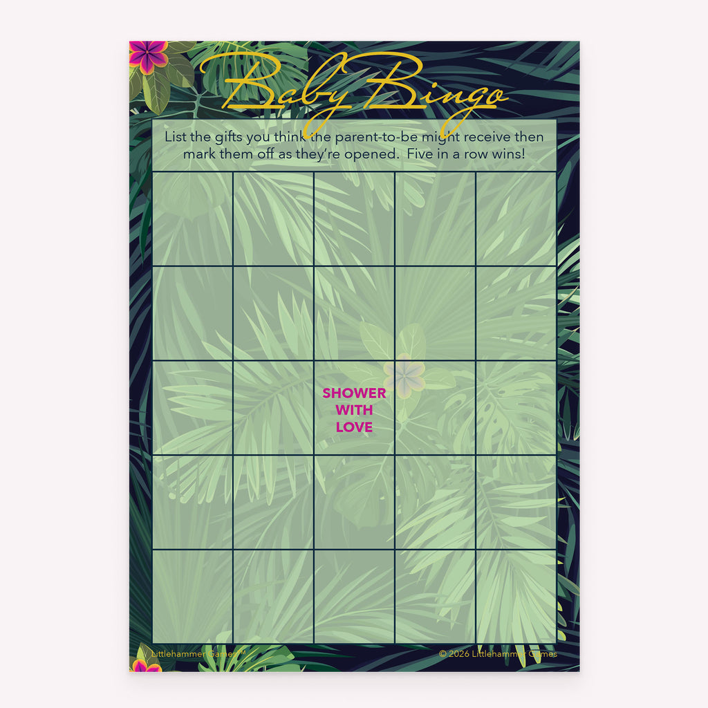 Tropical-themed printable Baby Gift Bingo baby shower game card