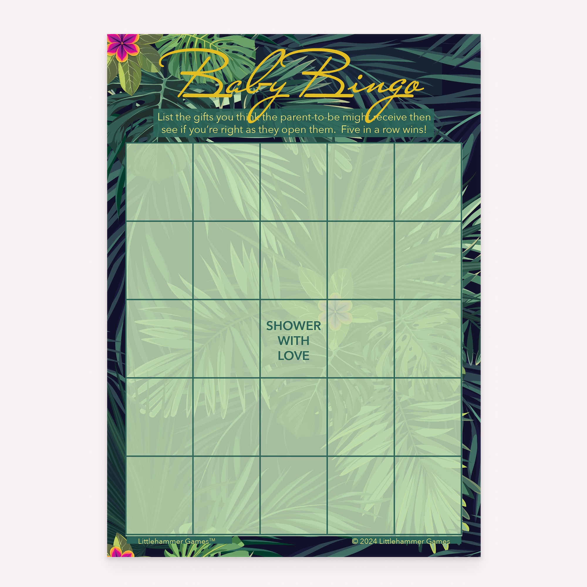 Tropical-themed printable Baby Gift Bingo baby shower game card