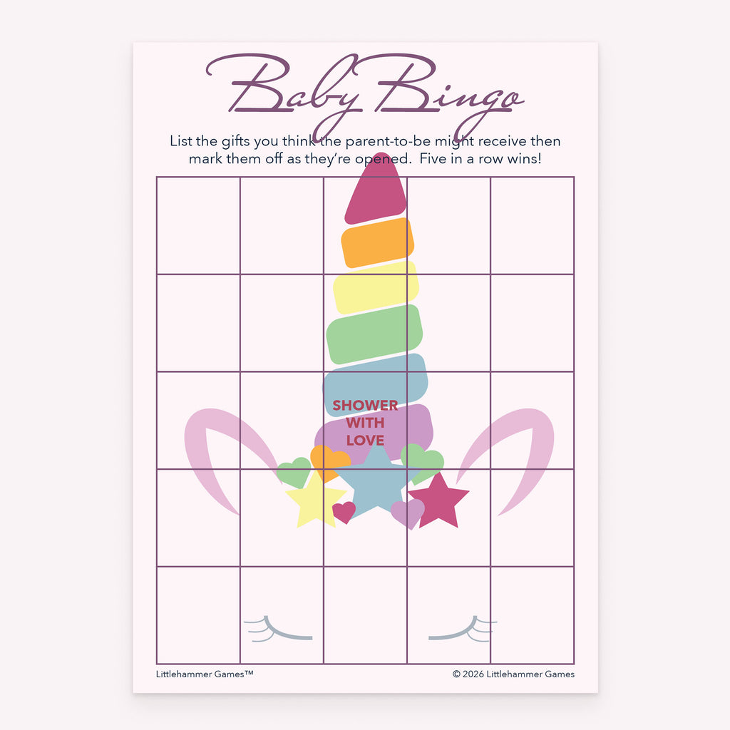Unicorn-themed baby shower Baby Gift Bingo printable game card layout