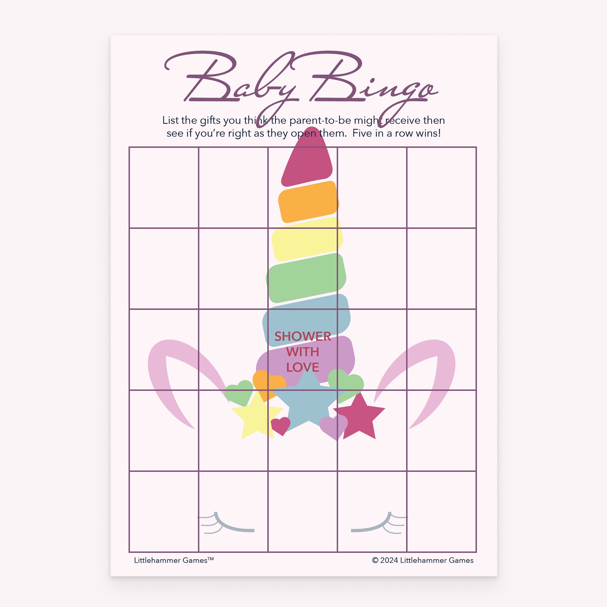 Unicorn-themed baby shower Baby Gift Bingo printable game card layout