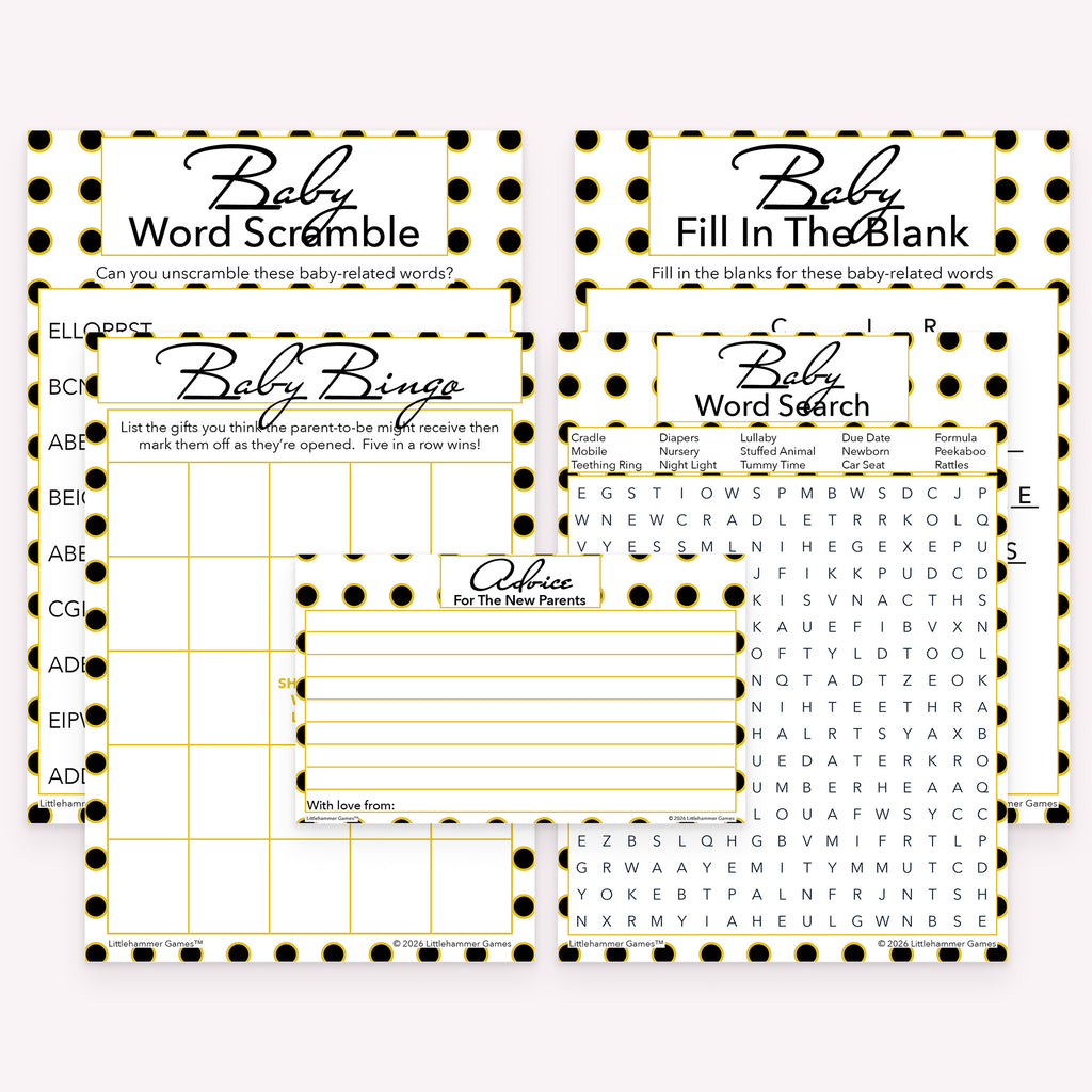 Black and gold polka dot printable baby shower game bundle with gift bingo, advice cards, and printable activities