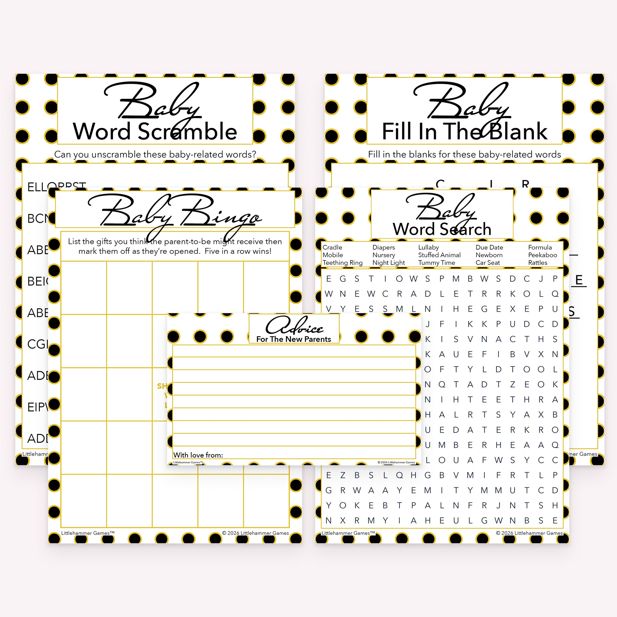Black and gold polka dot printable baby shower game bundle with gift bingo, advice cards, and printable activities