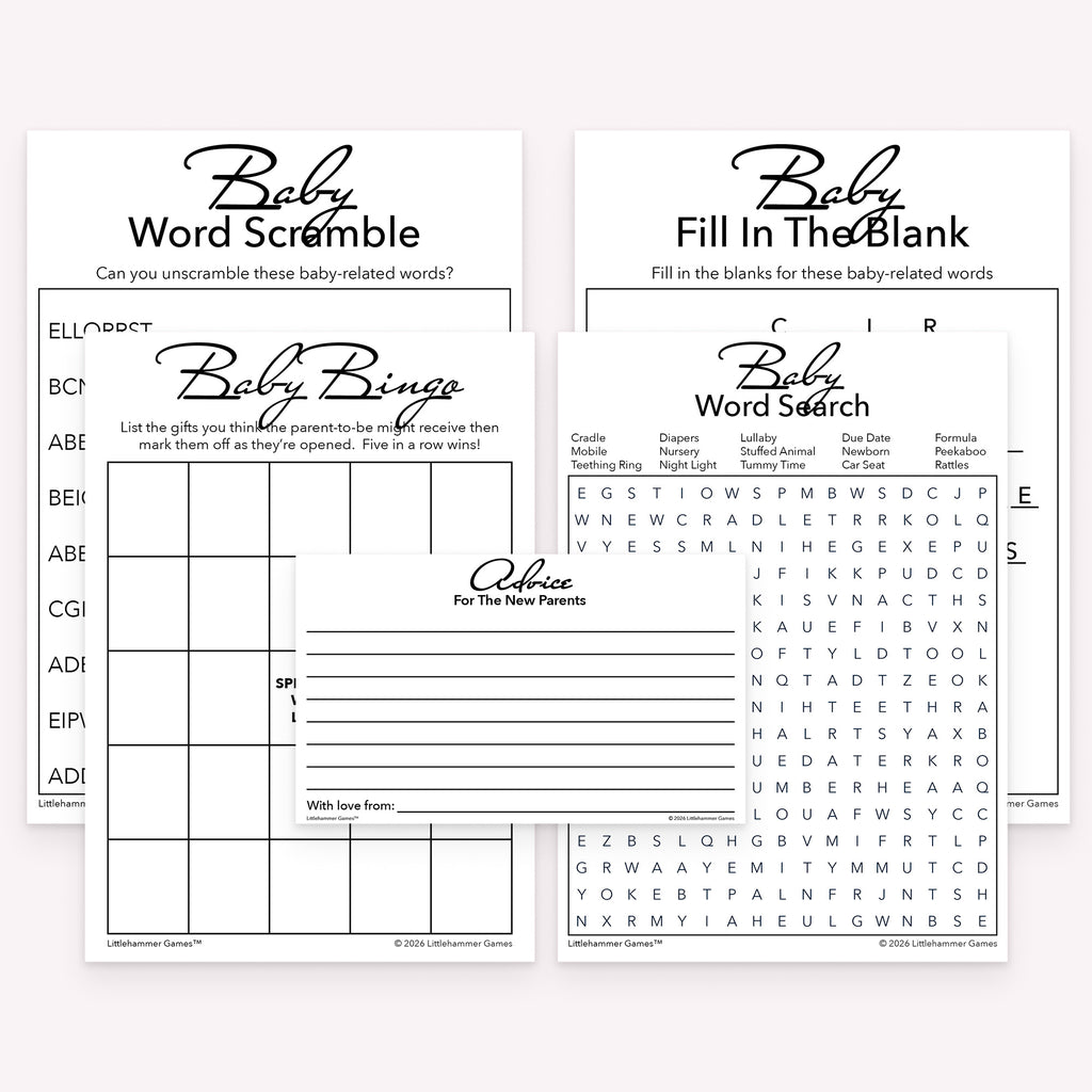 Black and white printable baby shower game bundle with advice cards, gift bingo, word scramble, word search, and fill in the blank games