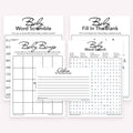 Black and white printable baby shower game bundle with advice cards, gift bingo, word scramble, word search, and fill in the blank games
