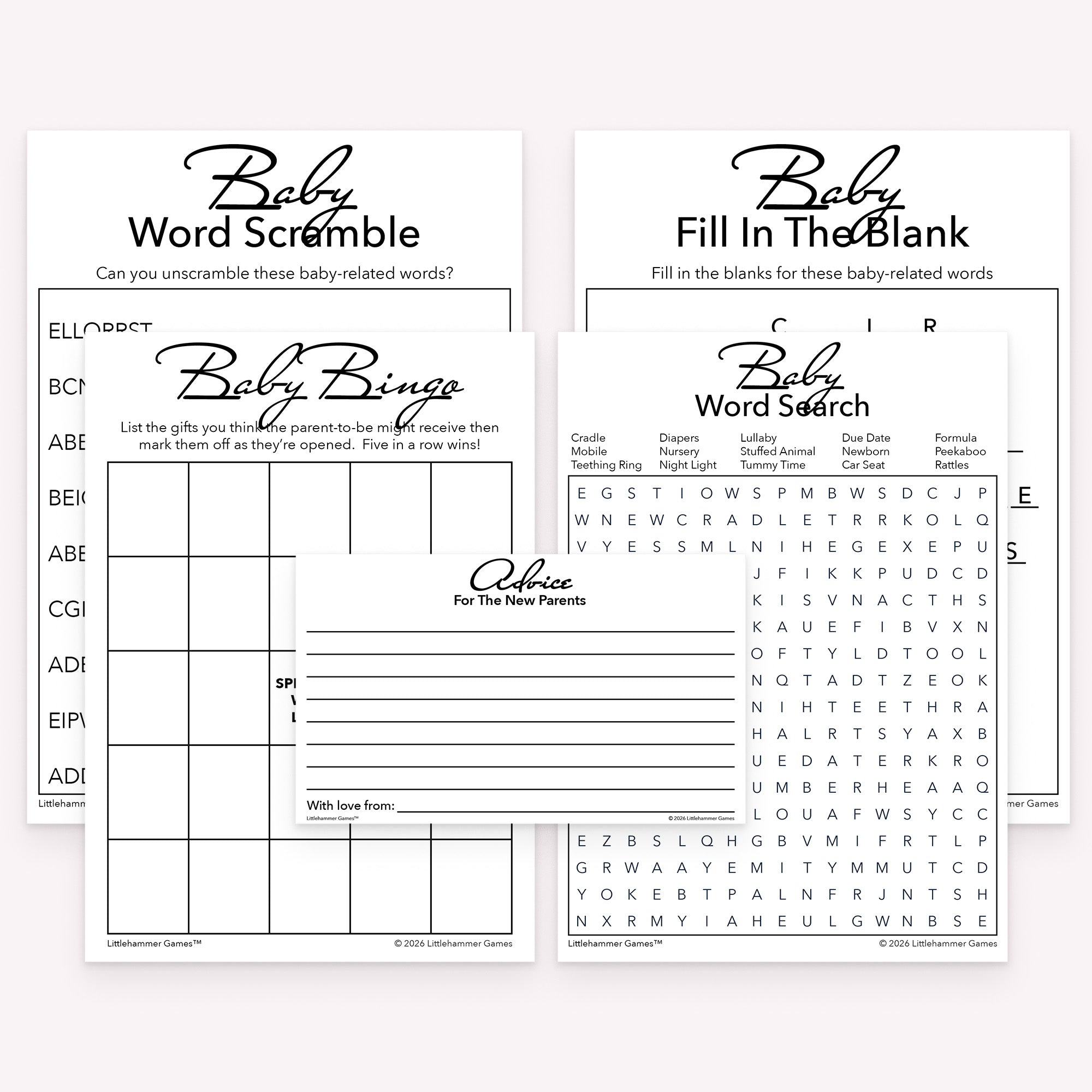 Black and white printable baby shower game bundle with advice cards, gift bingo, word scramble, word search, and fill in the blank games
