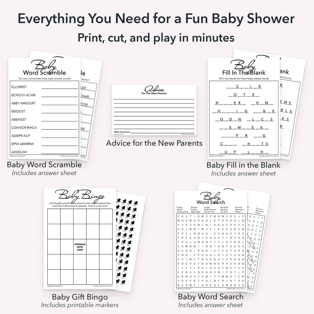 Graphic showing everything included in printable baby shower game bundle including advice cards, gift bingo, word scramble, word search, fill in the blank game, answer sheets, and printable bingo markers in the black and white design