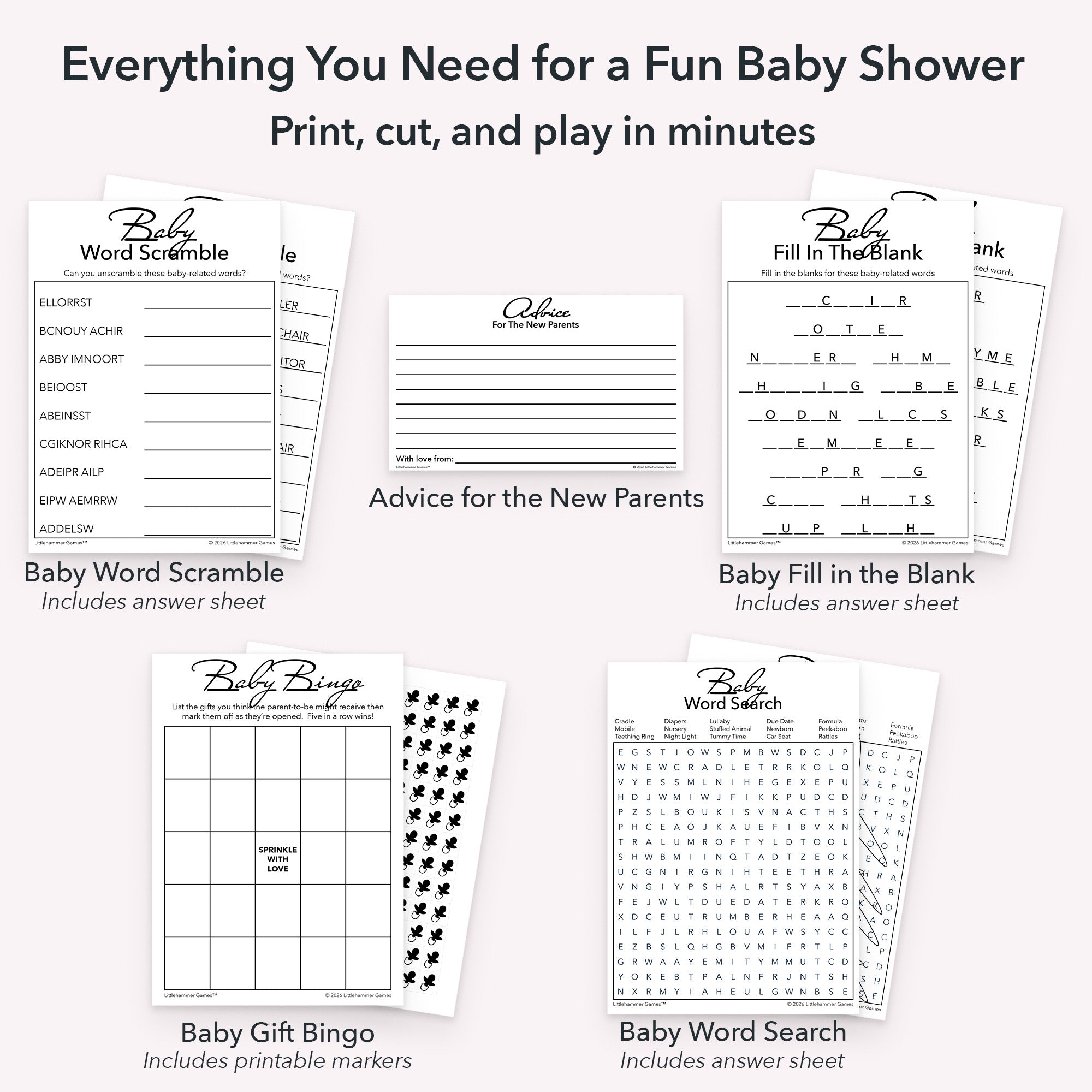 Graphic showing everything included in printable baby shower game bundle including advice cards, gift bingo, word scramble, word search, fill in the blank game, answer sheets, and printable bingo markers in the black and white design