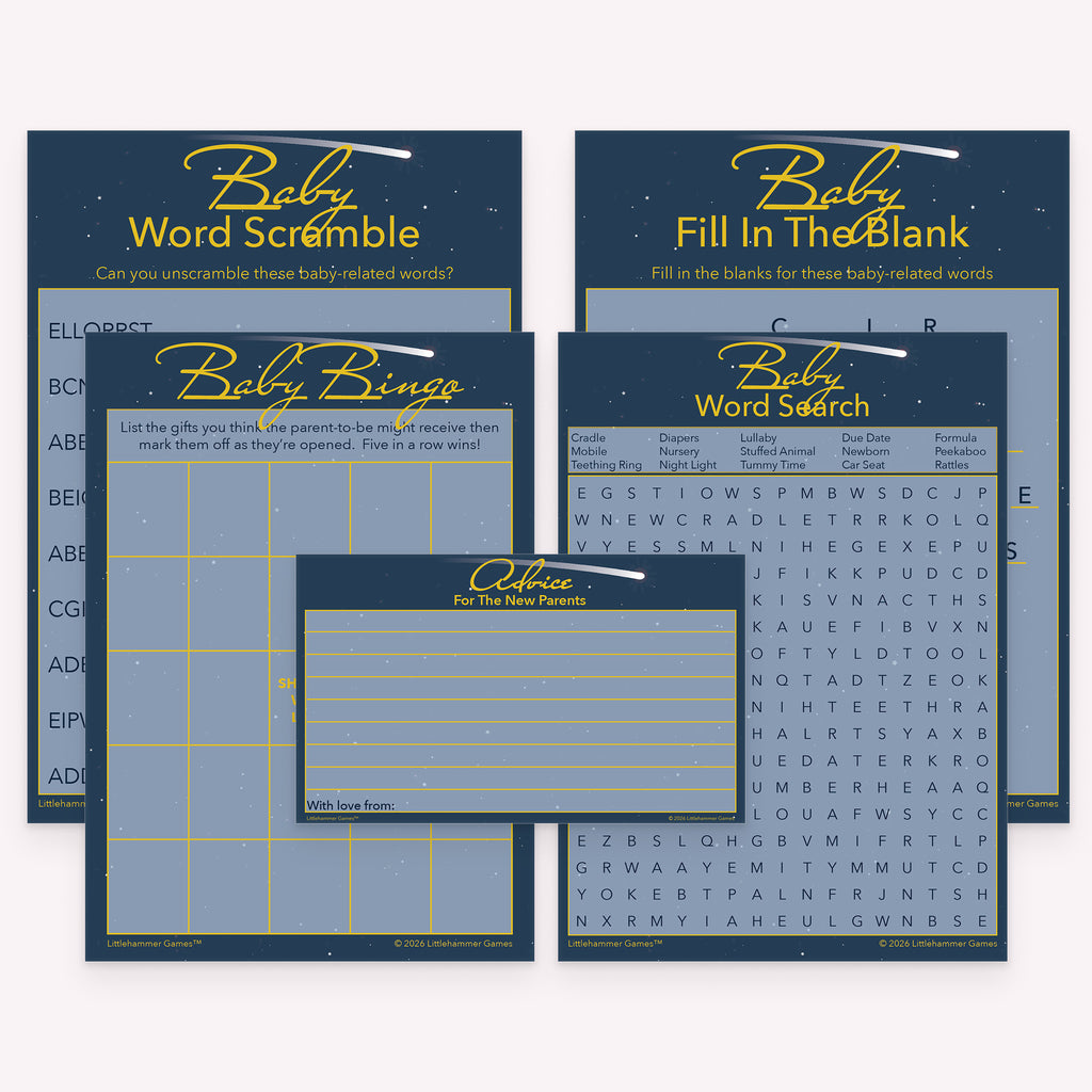 Celestial baby shower printable games bundle with bingo, advice cards, word scramble, word search, and fill in the blank