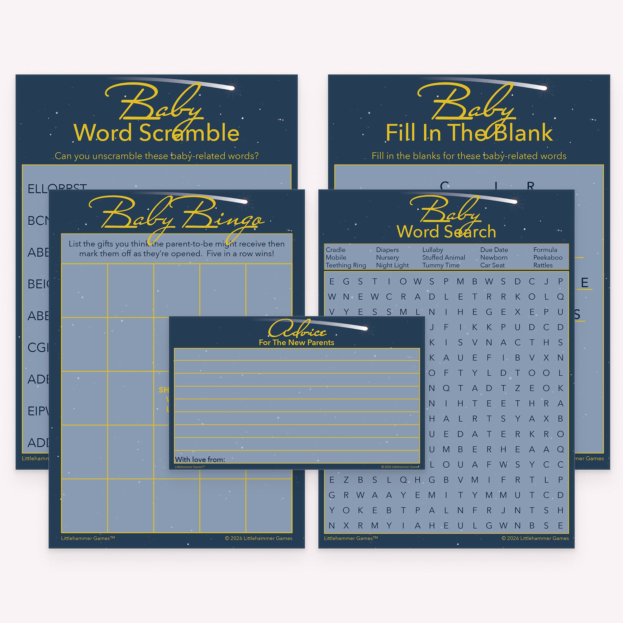Celestial baby shower printable games bundle with bingo, advice cards, word scramble, word search, and fill in the blank