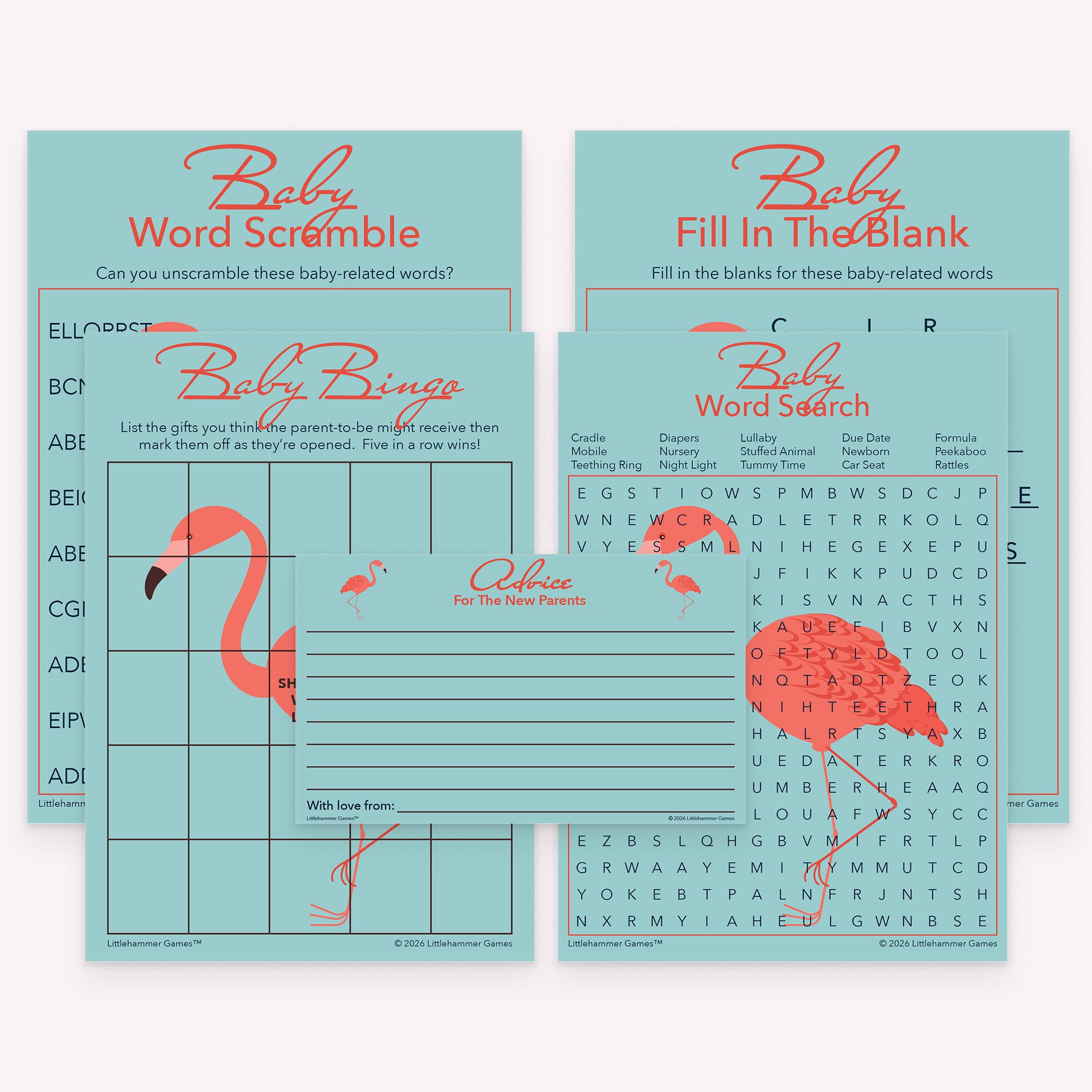 Flamingo-themed printable baby shower games and advice cards bundle with matching activity cards