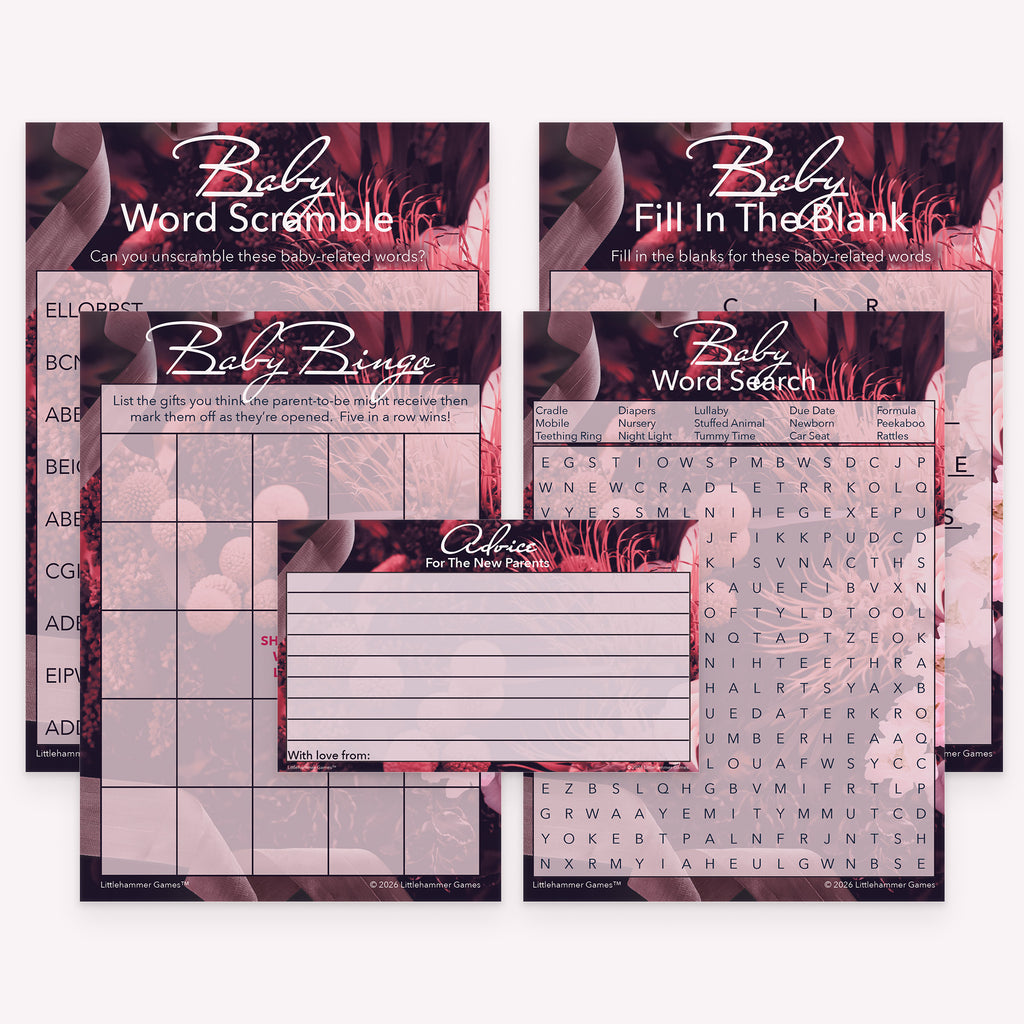 Floral printable baby shower game bundle including gift bingo, word games, and advice cards