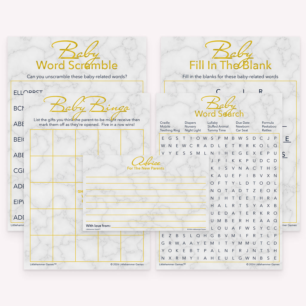 Gold and marble printable baby shower game bundle with coordinated games and advice cards