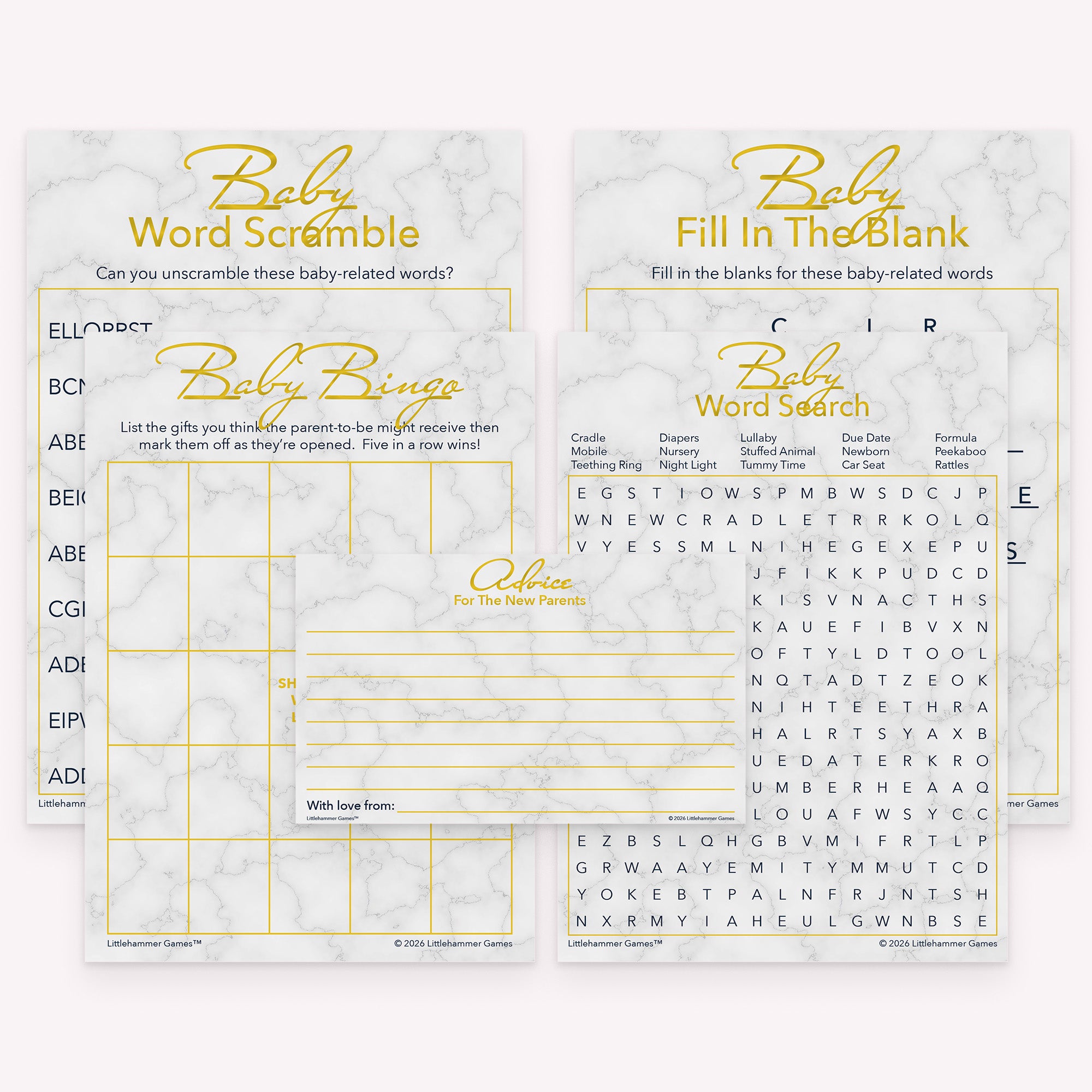 Gold and marble printable baby shower game bundle with coordinated games and advice cards