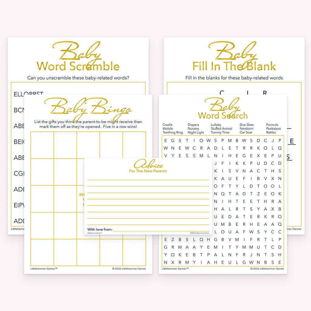Gold baby shower printable games pack with advice cards, gift bingo, fill in the blank, word scramble, and word search