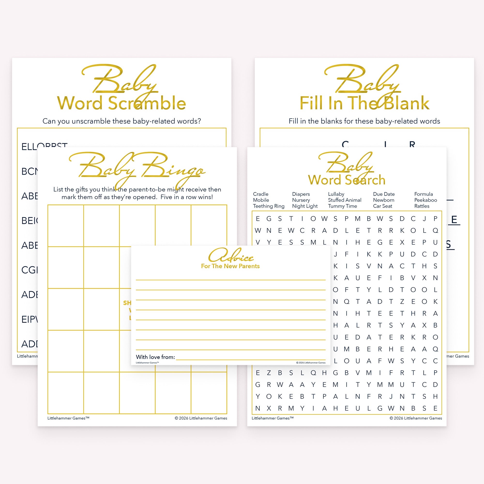 Gold baby shower printable games pack with advice cards, gift bingo, fill in the blank, word scramble, and word search