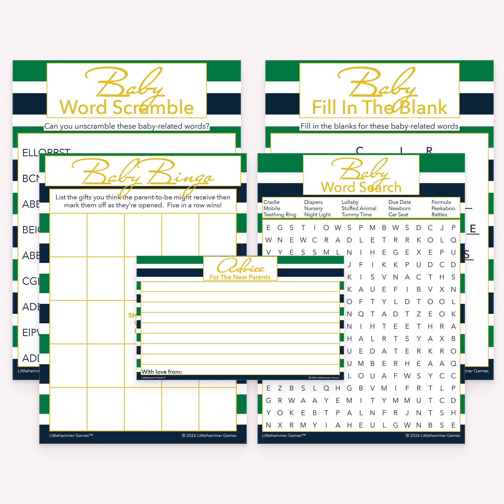 Green and navy striped printable baby shower games bundle with matching printable activities and advice cards