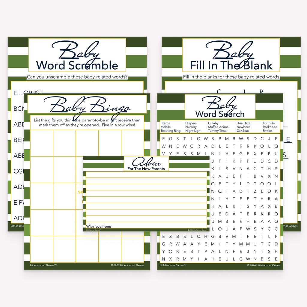 Green striped printable baby shower game bundle with coordinated gift bingo, word games, and advice cards