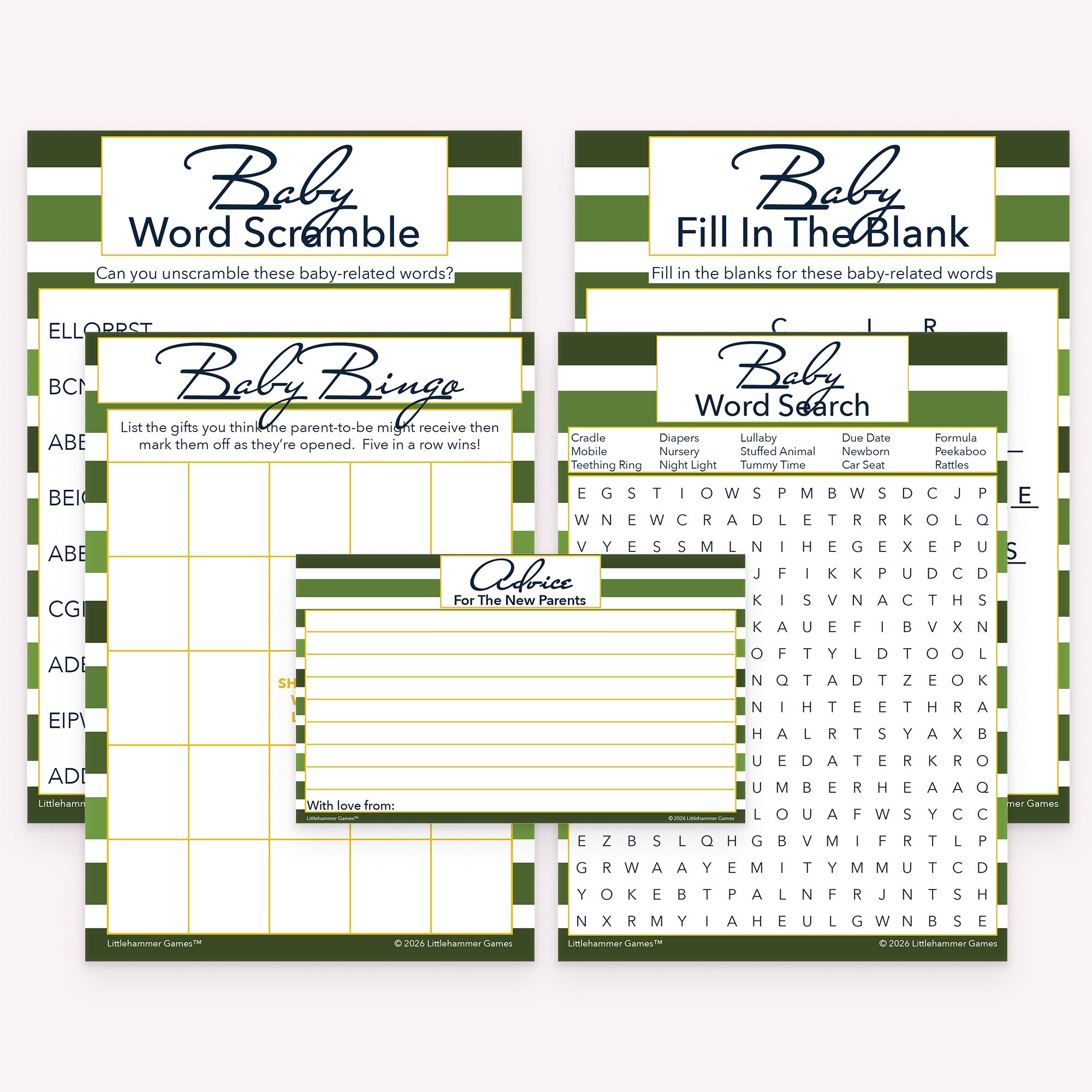 Green striped printable baby shower game bundle with coordinated gift bingo, word games, and advice cards