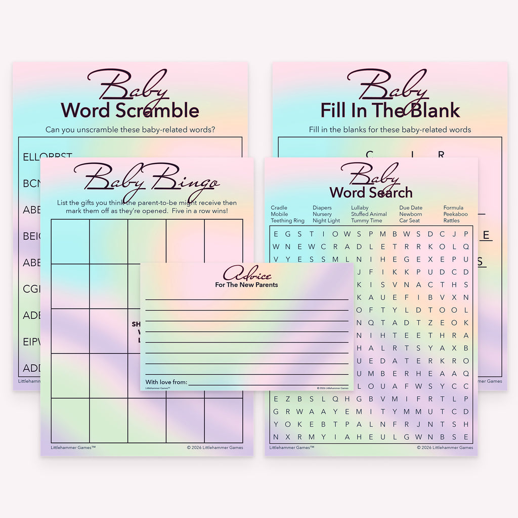 Hologram design printable baby shower games bundle with gift bingo, fill in the blank, word scramble, word search, and advice cards