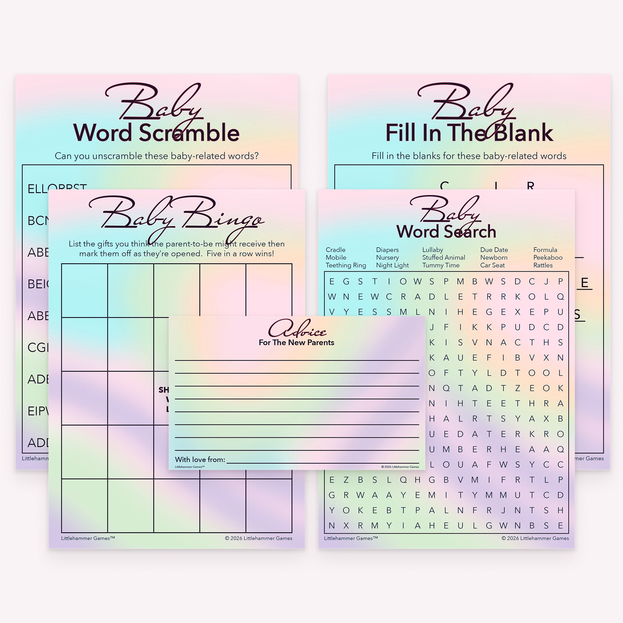 Hologram design printable baby shower games bundle with gift bingo, fill in the blank, word scramble, word search, and advice cards