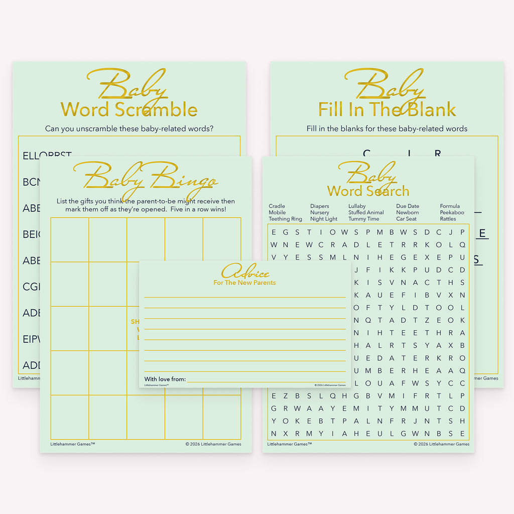 Mint and gold baby shower printable activity bundle with matching advice cards and word games