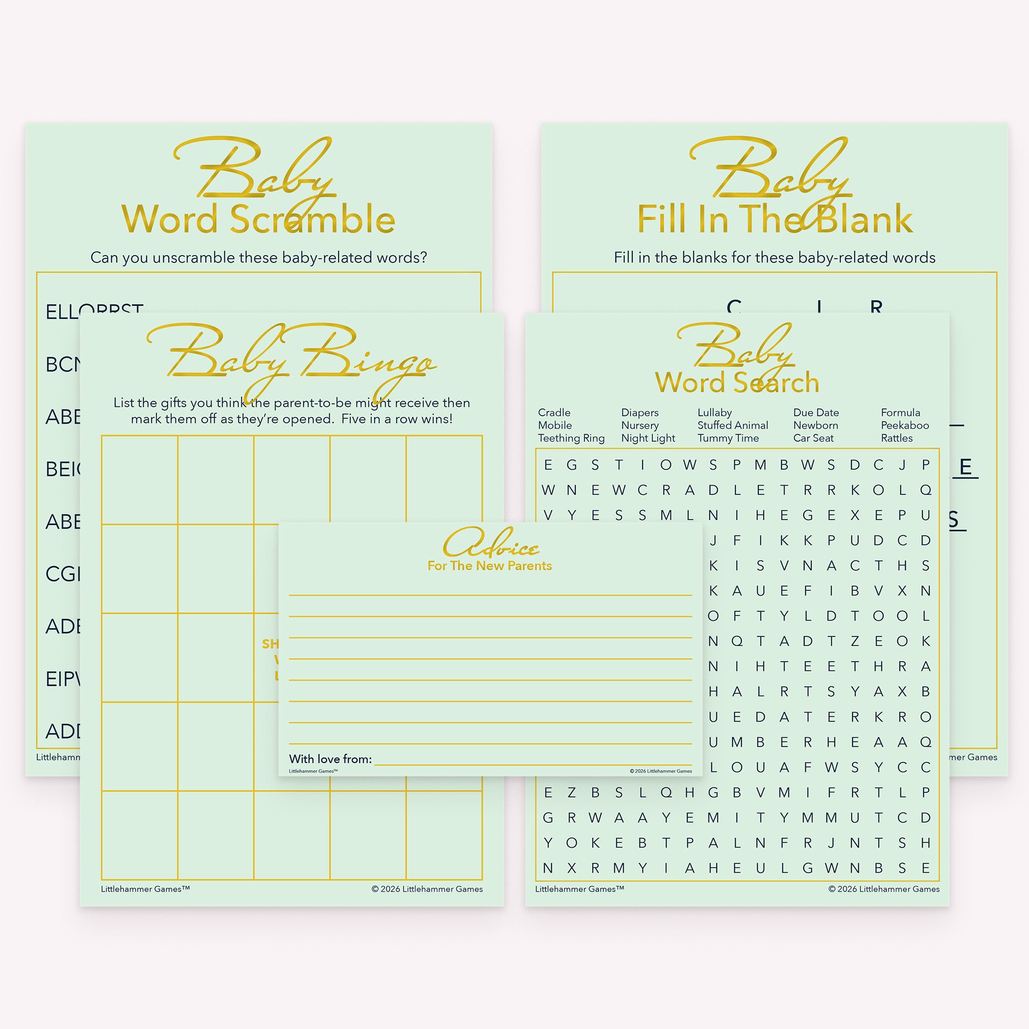 Mint and gold baby shower printable activity bundle with matching advice cards and word games