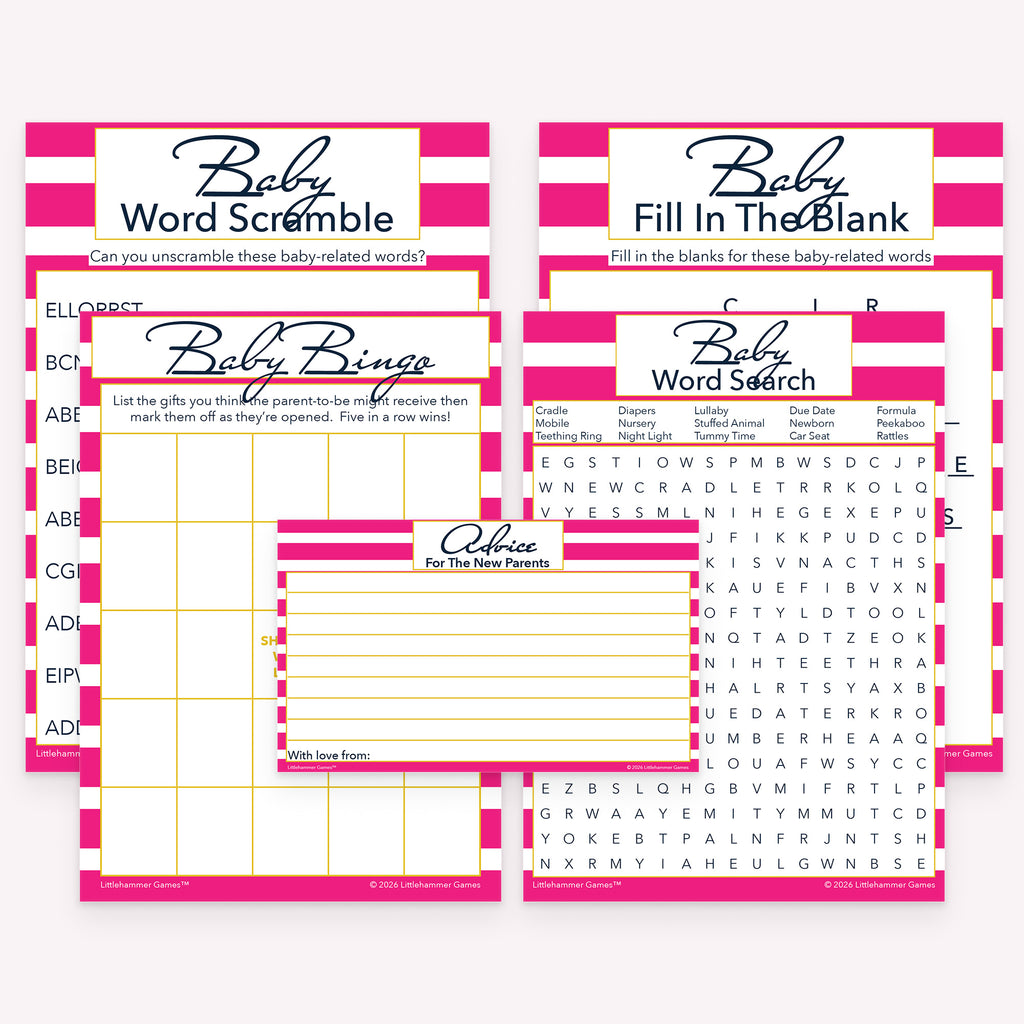 Pink striped printable baby shower activity bundle with gift bingo, word search and scramble, fill in the blank, and advice cards