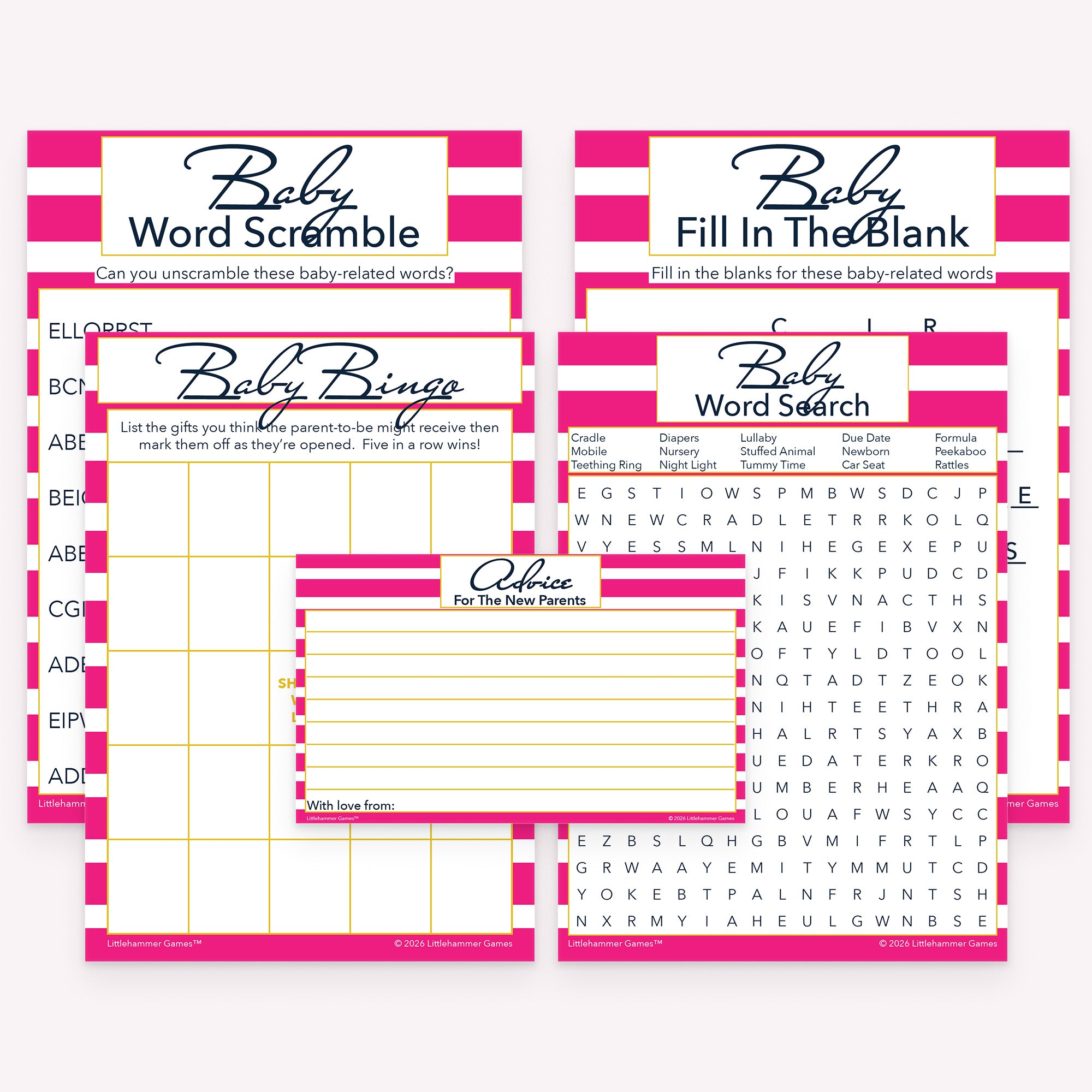 Pink striped printable baby shower activity bundle with gift bingo, word search and scramble, fill in the blank, and advice cards