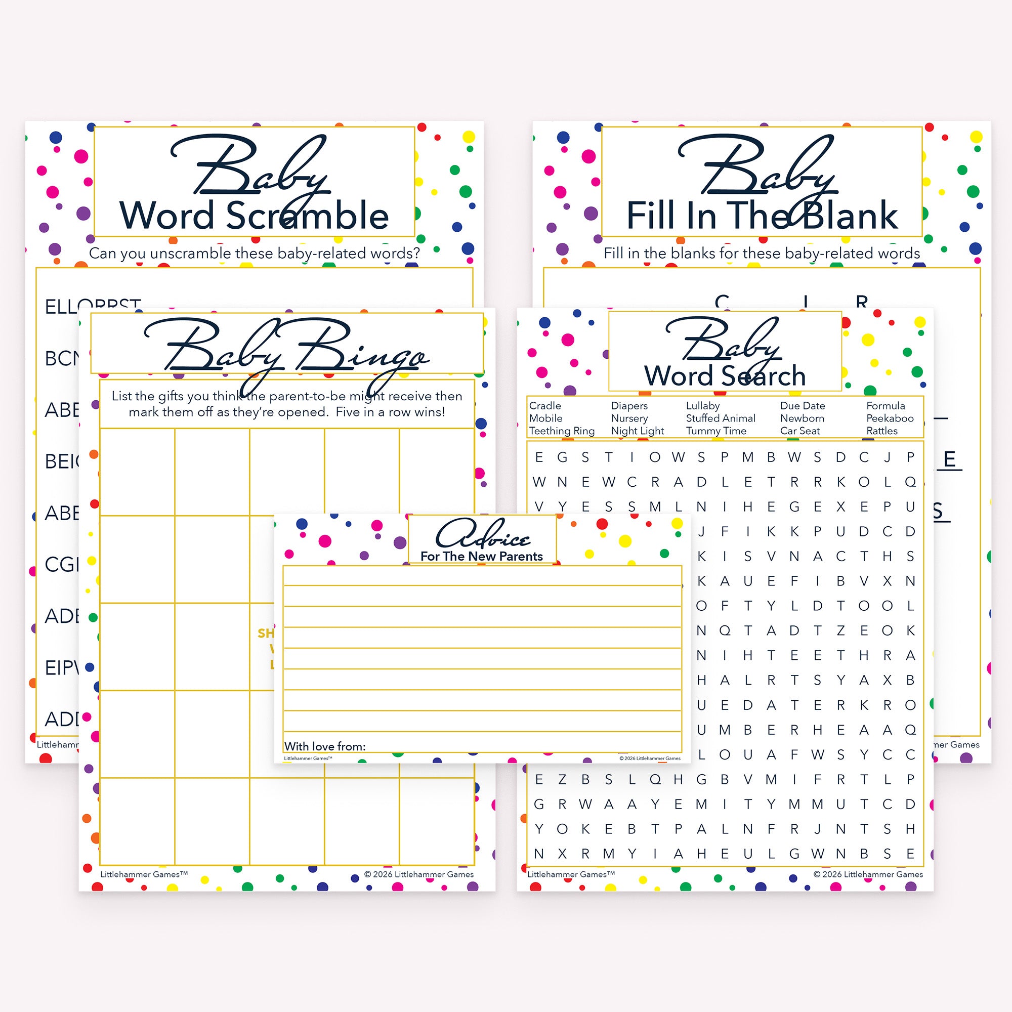 Rainbow polka dot printable baby shower games and advice cards bundle with coordinated game cards