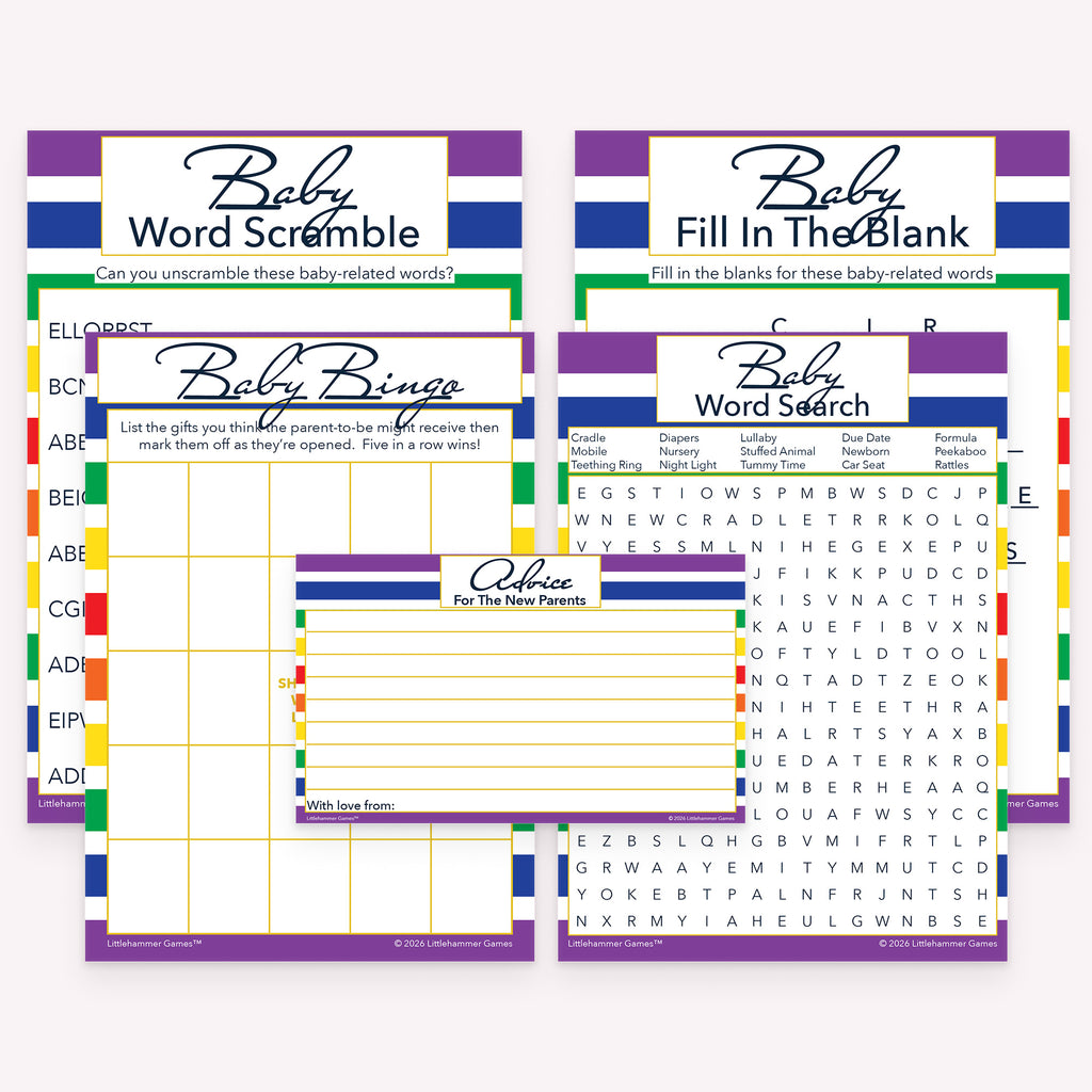 Rainbow striped printable baby shower games and advice cards bundle with coordinated printable game cards
