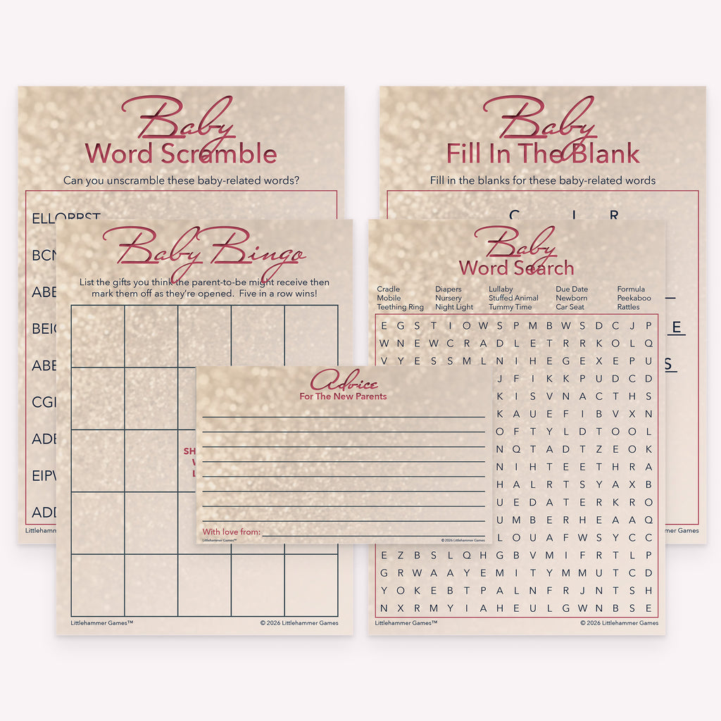 Glittery rose gold printable baby shower games pack with gift bingo, word scramble, fill in the blank, word search, and advice cards