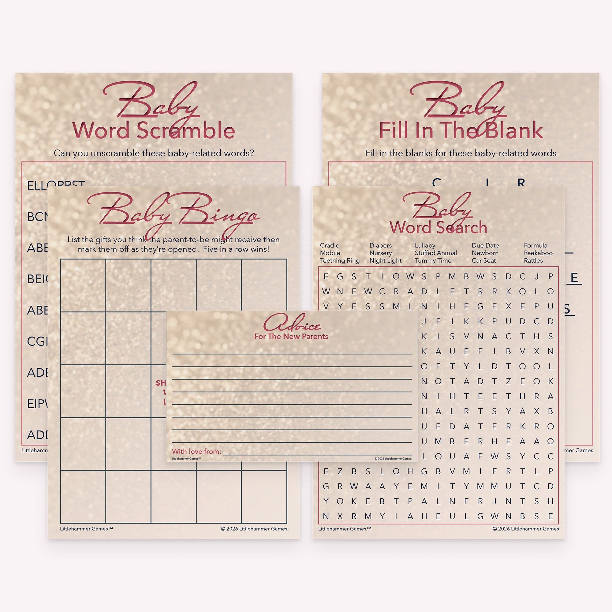 Glittery rose gold printable baby shower games pack with gift bingo, word scramble, fill in the blank, word search, and advice cards