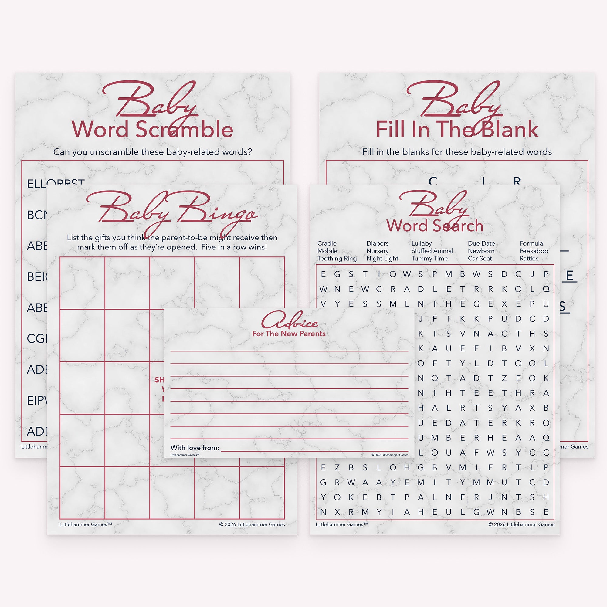 Rose gold and marble baby shower printable games bundle with matching activity cards and advice cards