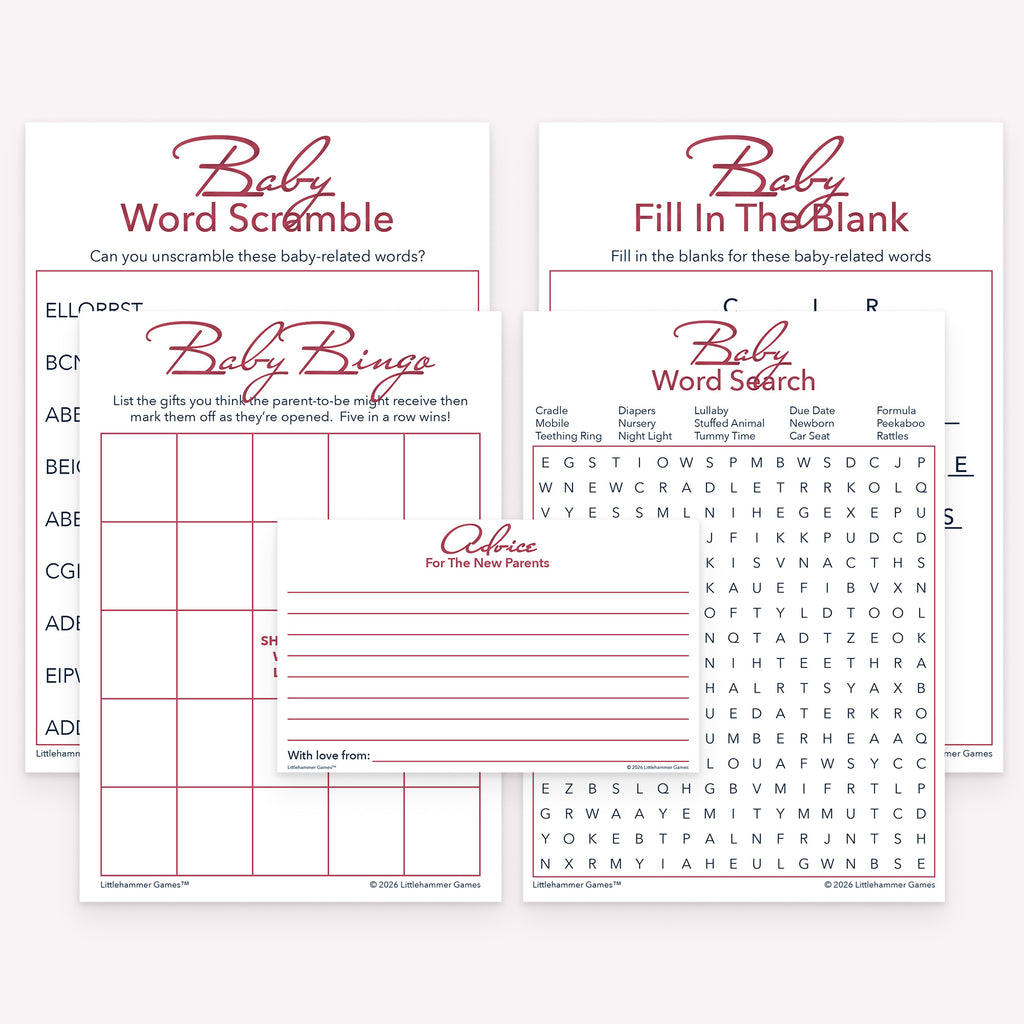Rose gold printable baby shower game bundle with gift bingo, word search, fill in the blank, word scramble, and advice cards