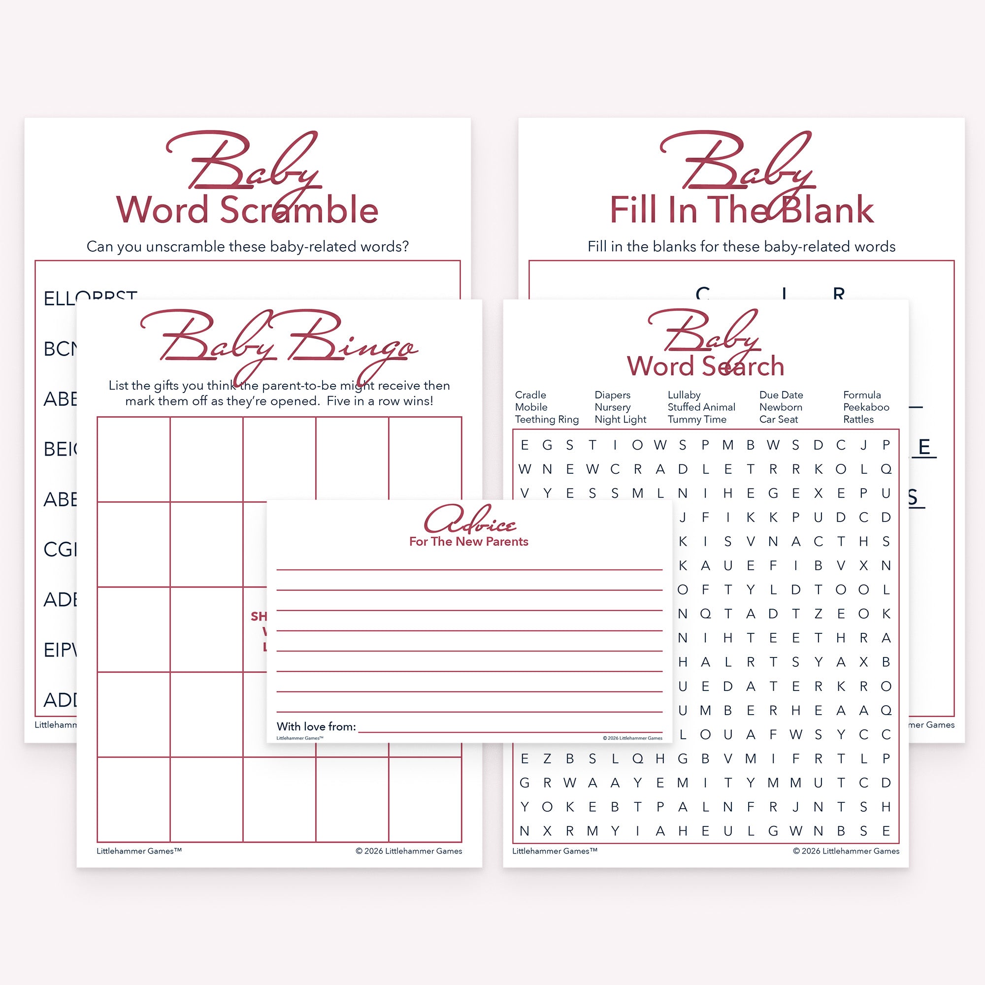 Rose gold printable baby shower game bundle with gift bingo, word search, fill in the blank, word scramble, and advice cards