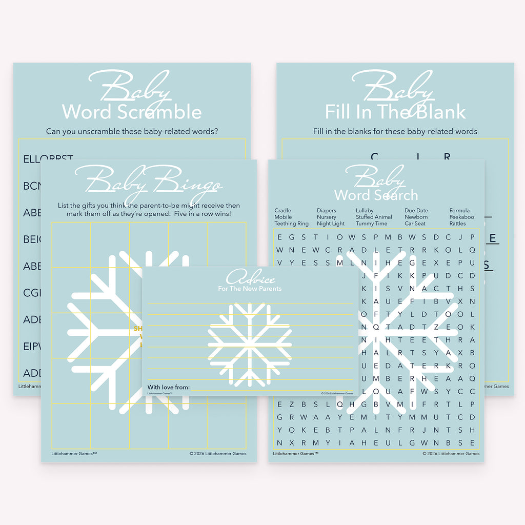 Snowflake-themed printable baby shower game bundle with matching gift bingo, word scramble, and advice cards
