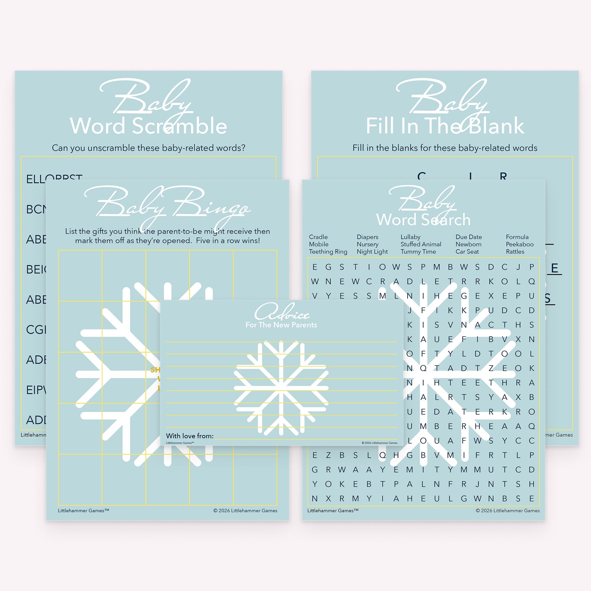 Snowflake-themed printable baby shower game bundle with matching gift bingo, word scramble, and advice cards