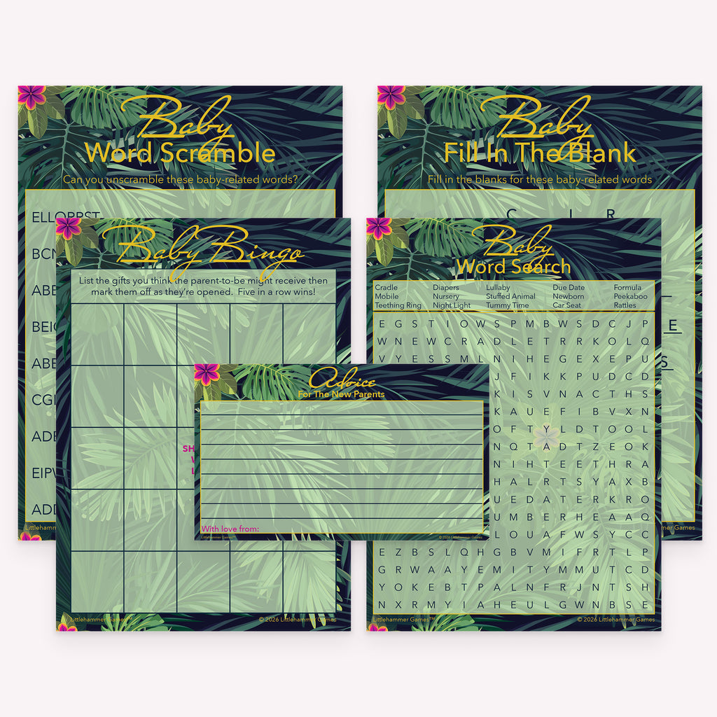 Tropical-themed baby shower printable games bundle with advice cards, word puzzle games, and printable gift bingo